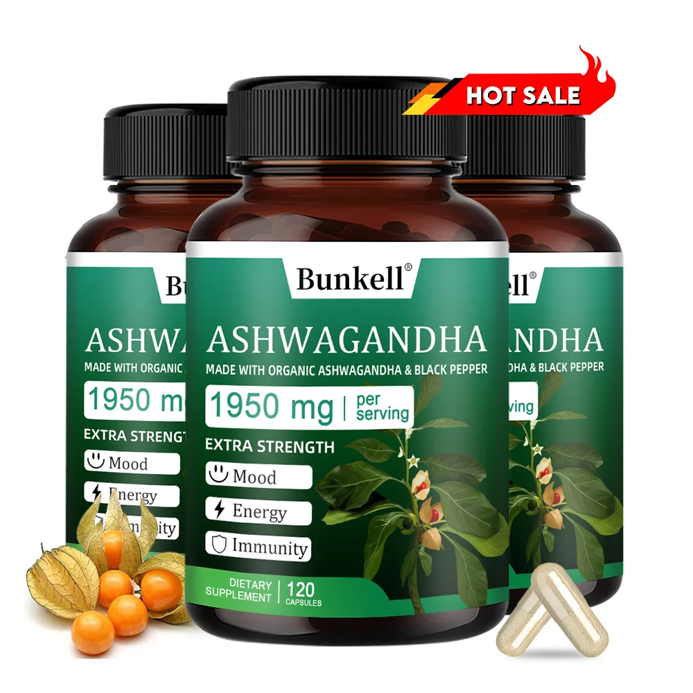 Cápsulas de Ashwagandha orgánica de 1950 mg: con pimiento negro, ayuda a la relajación, el estado de ánimo, energía, inmunidad, antioxidante, sin gluten