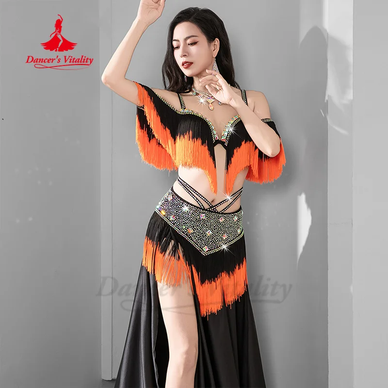 Conjunto de roupas para performance de dança do ventre, sutiã com borla gradiente + saia longa de cetim sexy, 2 peças, trajes de competição de dança oriental