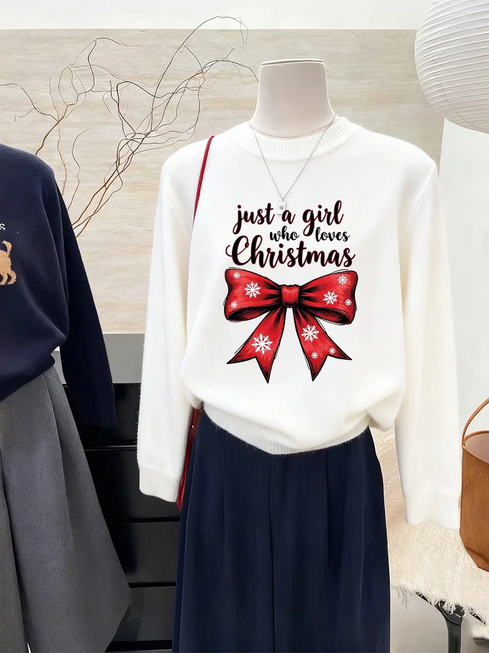 Suéter Festivo de Punto Color Vino Tinto, Cuello Redondo, Manga Larga, Top de Mujer con Lazo ande, Ropa Cálida de Moda para...