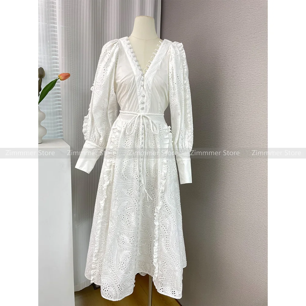 French heavy embroidery lantern sleeves V-neck waist slim temperament models butterfly back cross design dresses