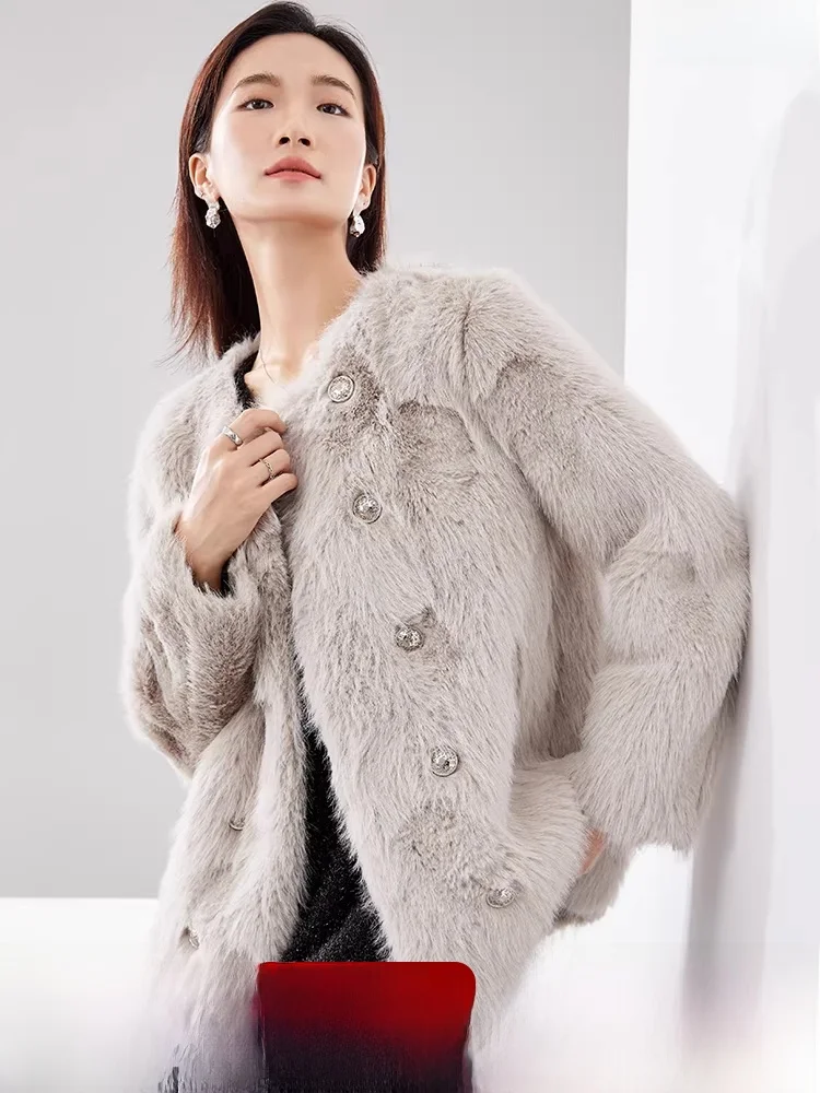 

Women's Fur Coat round Ne Double Row Button Plu Inteated Leather And Fur Winter 2025 New Sle Korean System High ade...