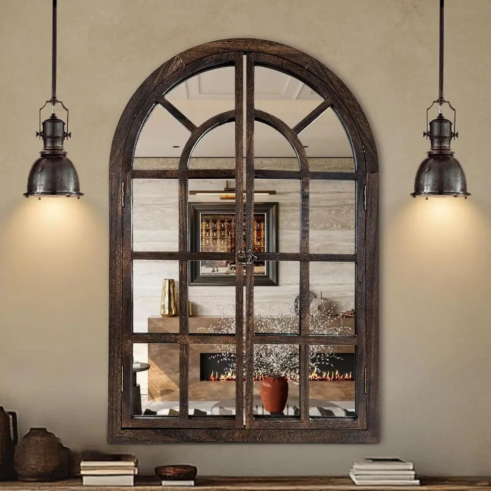

Настенное зеркало с дизайном под оконную стеклянную раму, 38x26 дюймов, деревянное в стиле рустик, декоративное зеркало для гостиной, спальни, прихожей