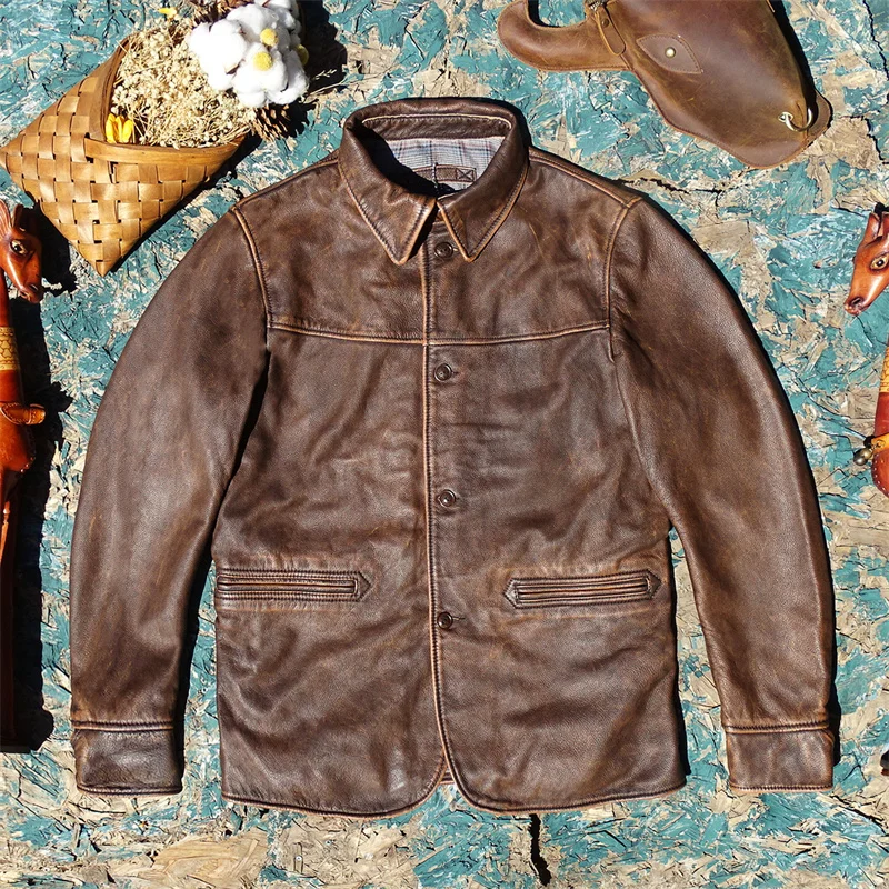 

Vintage American Sle Men's Leather Jaet Worn-In Dyeing tlehide Tea Core Busin Gentleman Mid-Length Coat