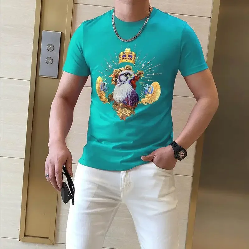 New Summer Men's T-shirt, Sequins Hot Diamond Eagle Crown Pattern T-shirt, High-quality Fashion Pattern T-shirt Anime Clothes