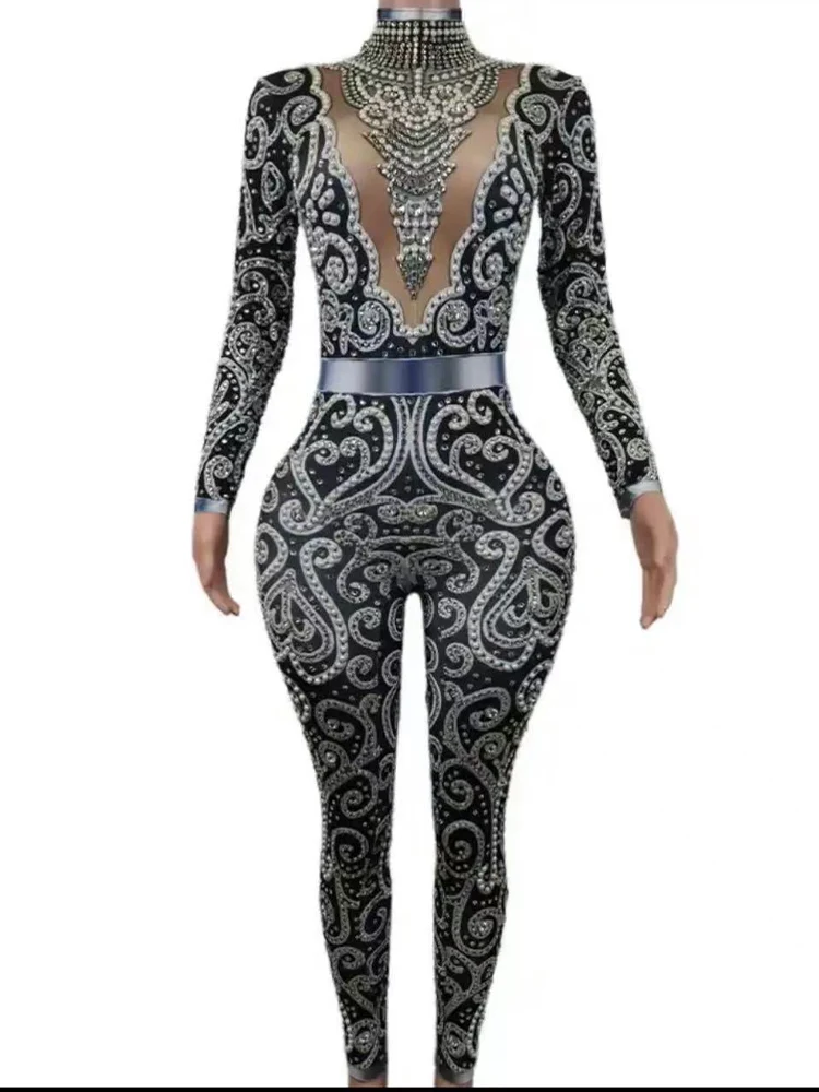 New High Quality Shiny Rhinestone Pearl Grey Long Sleeve Beading DJ Party Bodycon Jumpsuit Nightclub Party Sexy Dancer Costumes