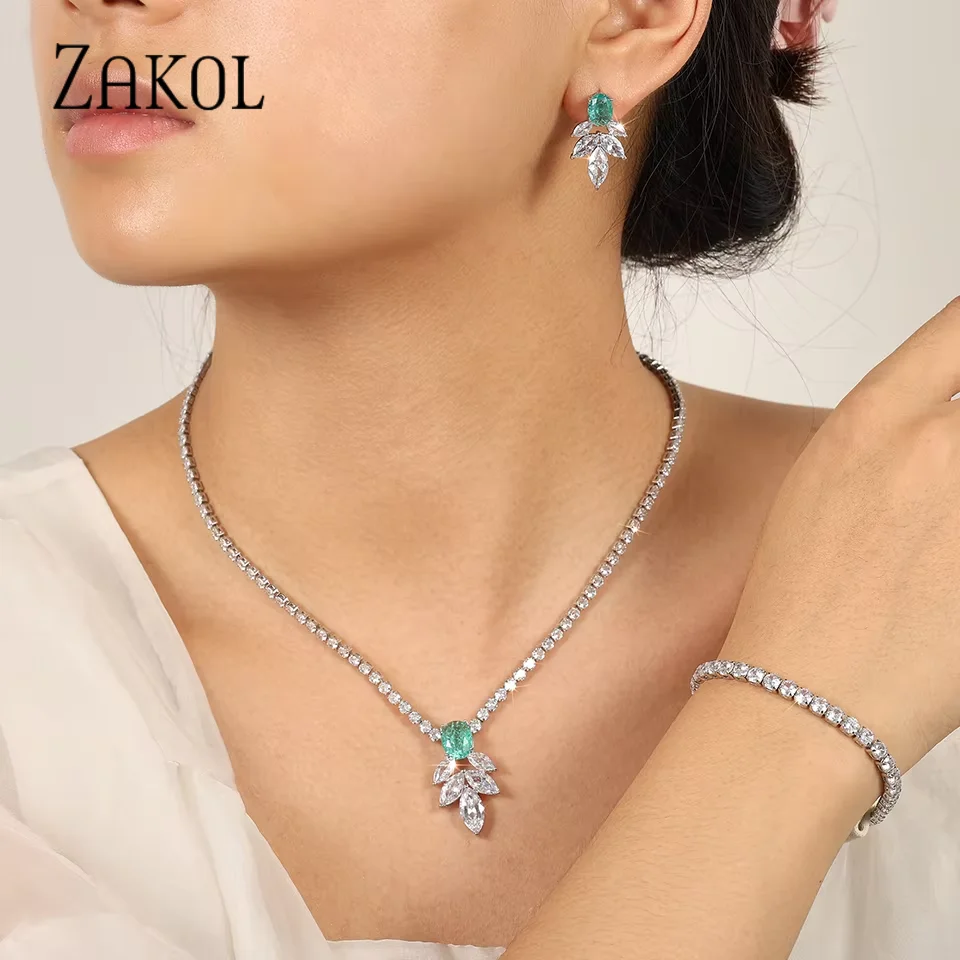 

ZAKOL Luxury White Gold Color Tennis Choker Necklace Earrings Sets for Women Shinny Green Water Drop Zircon Wedding Jewelry