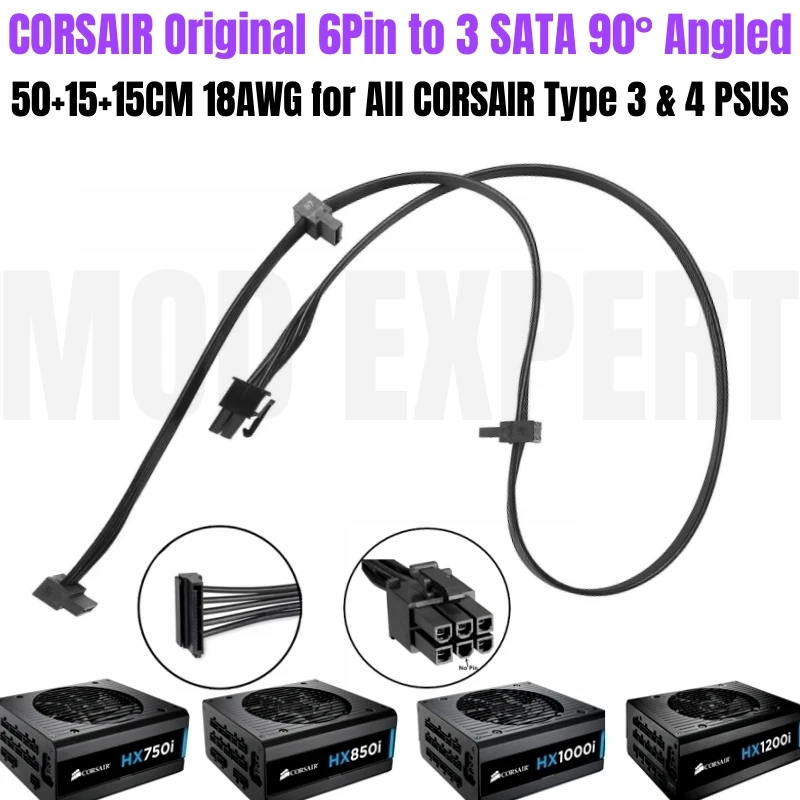 

Original CORSAIR 6Pin to 3 SATA Angled Hard Disk Drive HDD SSD Power Cable 18AWG for HX750i HX850i HX1000i HX1200i Modular PSU