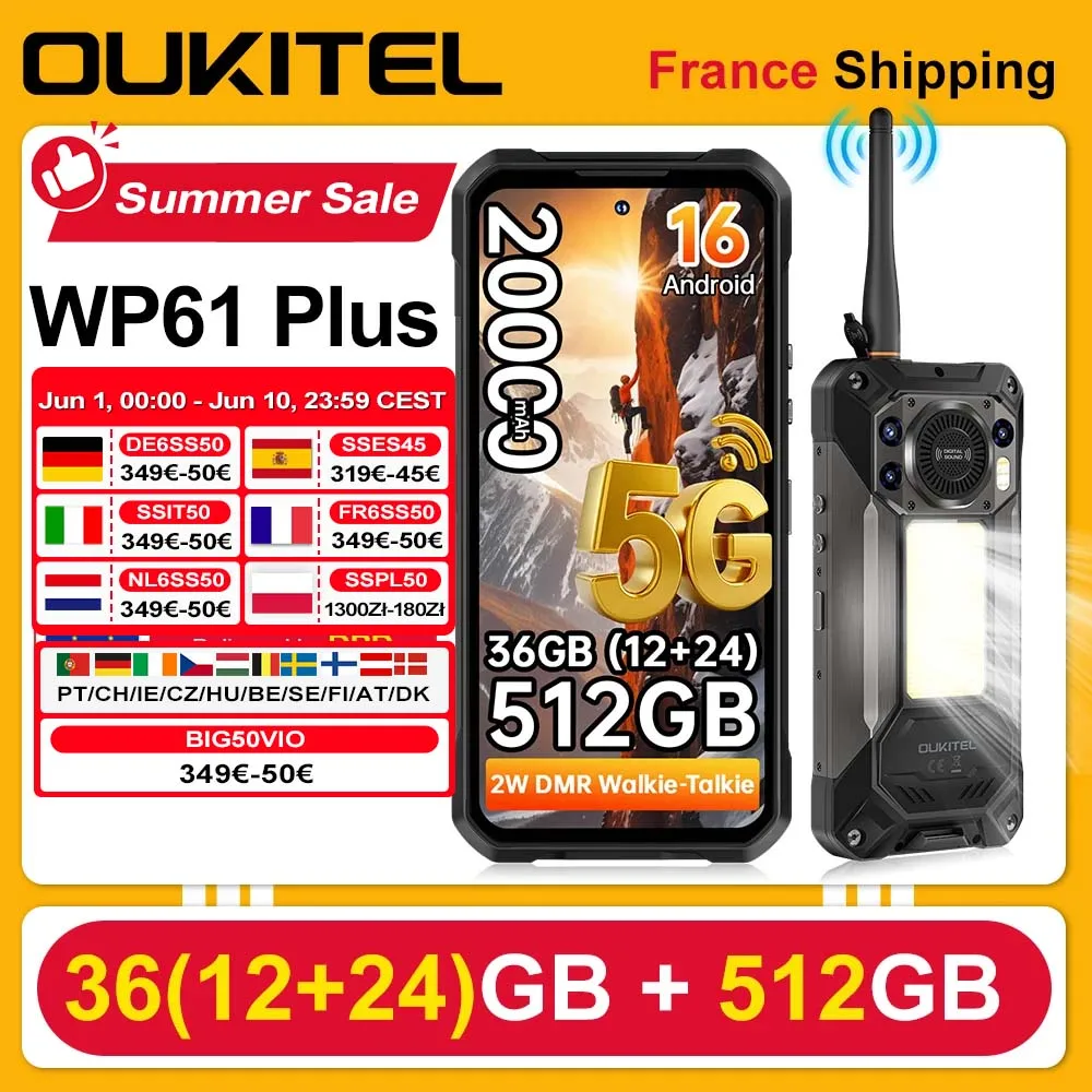 Téléphone robuste Oukitel WP61 Plus 5G avec fonction talkie-walkie, Android 16, 36 Go (12+24) de RAM + 512 Go de ROM, batterie de 20000 mAh, écran 6,78'', appareil photo 108 MP