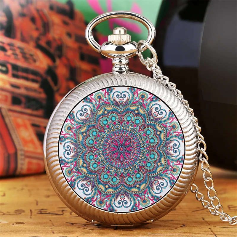 Antique Style Rotating Colorful Bohemian Flower Quartz Pocket Watch for Women Lady with Sweater Necklace Chain Gift Clock