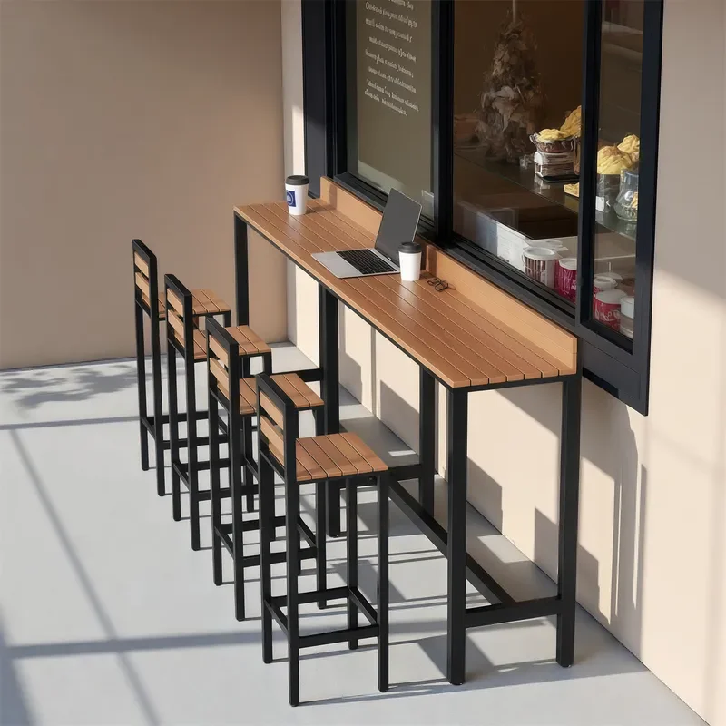 Preservative Wood Outdoor Bar Table and Chair Set High Wall Mounted Long Dining Furniture for Courtyard Coffee Milk Tea Shop