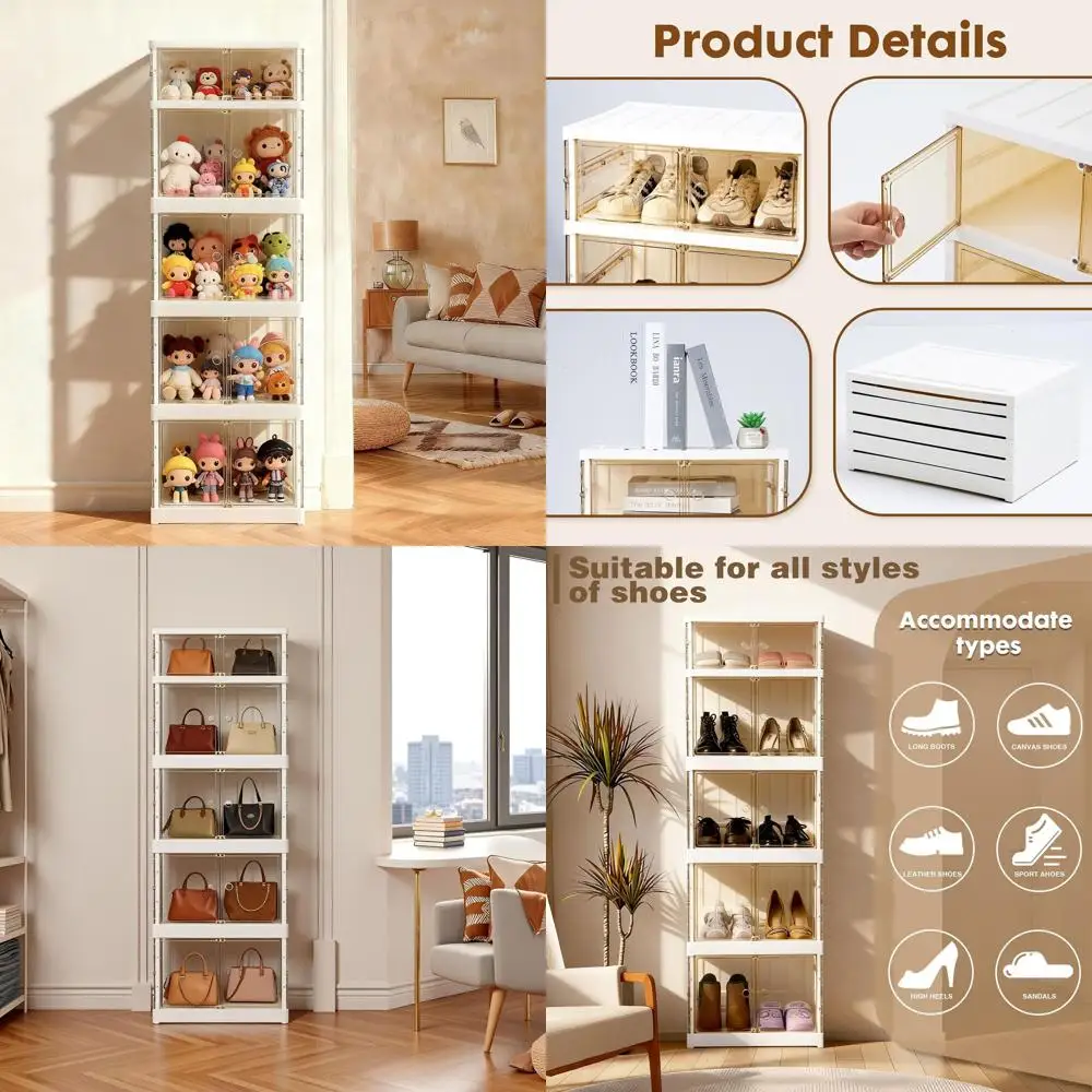

5-Shelf Collapsible Plastic Storage Cabinet with Wheels, Dust-Resistant, Clear Door for Shoes, Bags, Books, Home & Office