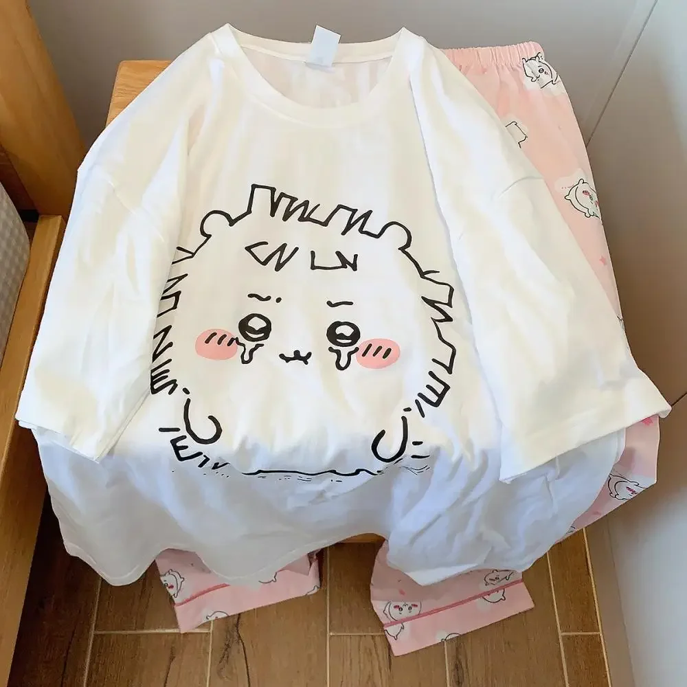 2Pcs Chiikawa Cotton Pajamas Suit Summer Anime Kawaii Short Sleeves Pants Sleepwear Cute Casual Girls Student Homewear