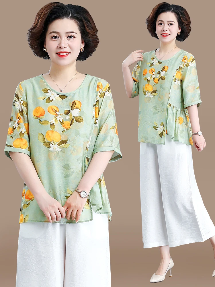 

Faionable Summer Outfit Set for Middle-Aged Mothers Cotton Linen ort Sve Spring Autumn Sle round Ne Two-Piece Set