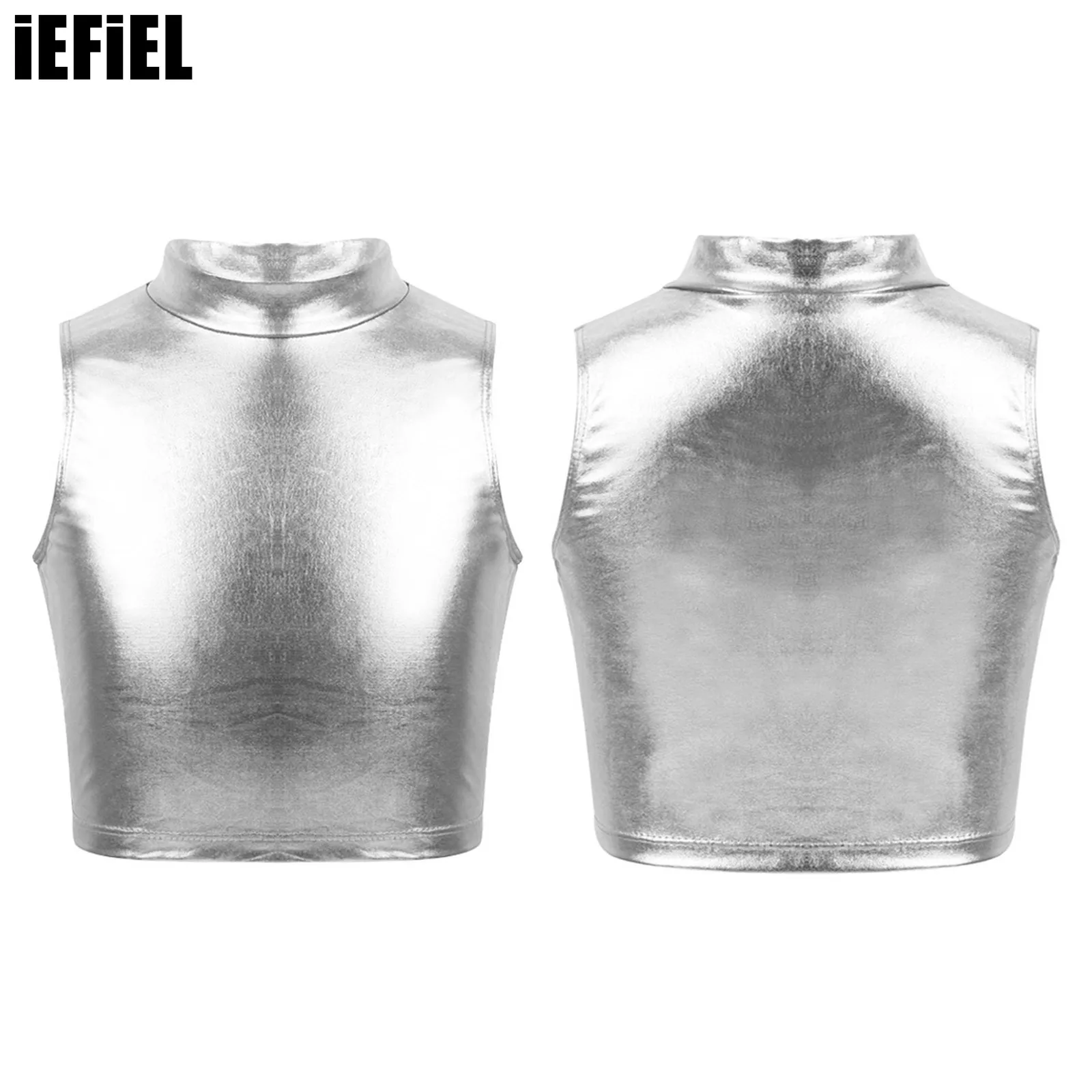 

Kids Girls Metallic Dance Tank Tops Sleeveless Turtleneck Crop Tank Tops for Ballet Dance Stage Performance Workout