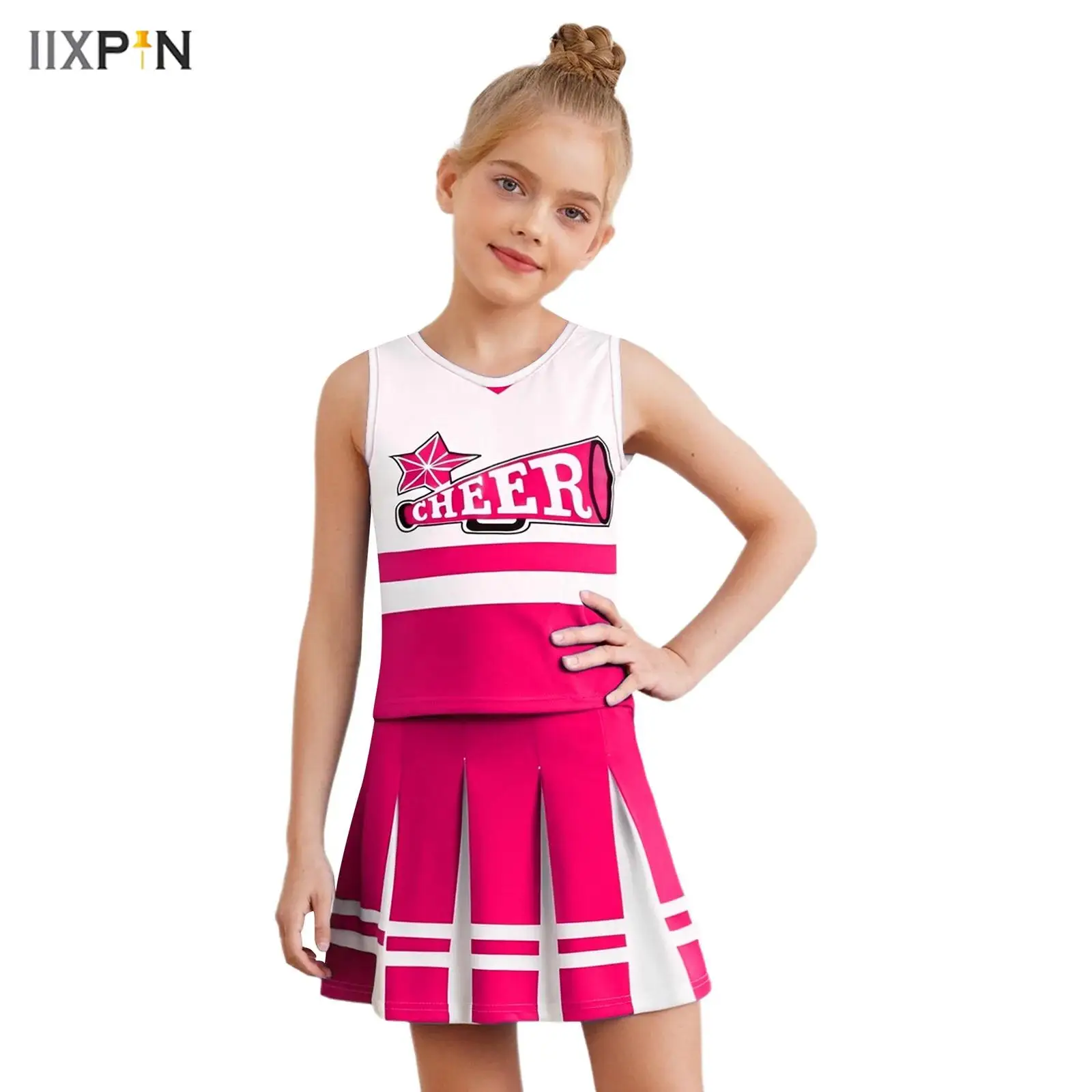 

Kids Girls Cheerleading Dance Outfit Cheer Leader Costume Round Neck Sleeveless Print Top+Pleated Skirt for School Sports Party