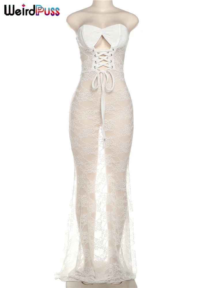 Weird Puss Sexy Party Dress Women Mesh Patchwork Strapless Ruffring Hollow Coquette Banquet Elegant Summer Trend Maxi Bodycon — zdjęcie 7