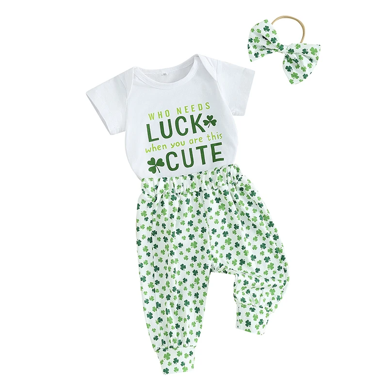 Wankitoi Baby Girl St Patrick s Day Outfit Letter Printed Romper Shirt Tops Flare Pants Infant Girl Spring Clothes