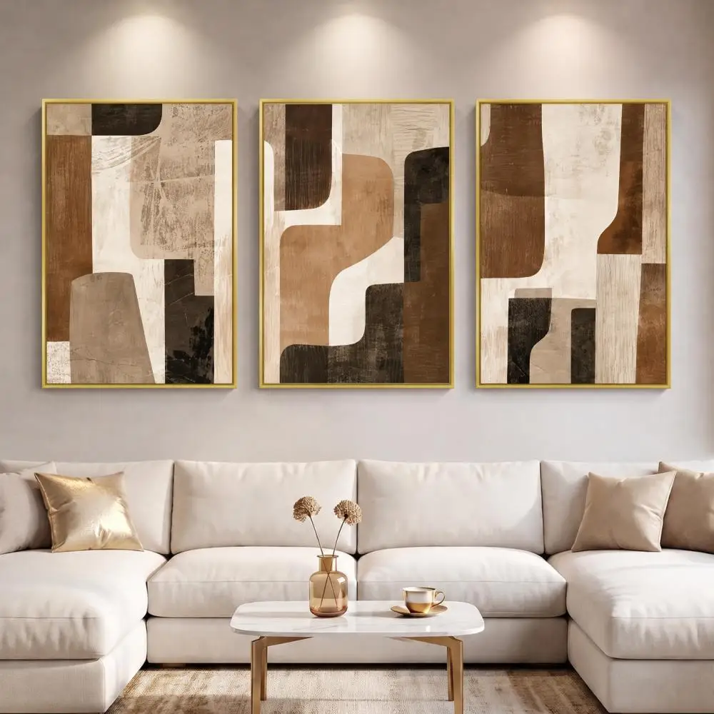 Earth Tone Geometric Painting Calligraphy 3 PCS Canvas Wall Art Prints for Living Room Decor Modern Vintage Fashion Wall Decals