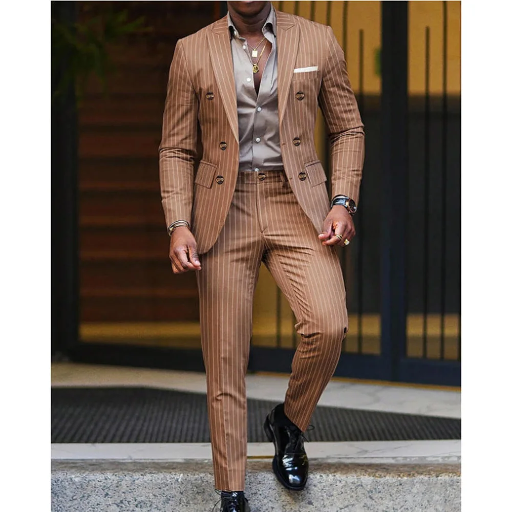 

Мужской полосатый костюм, комплект из двух предметов, двубортный, с лацканами, приталенный, модный, удобный, дышащий, мужской костюм, рабочая одежда