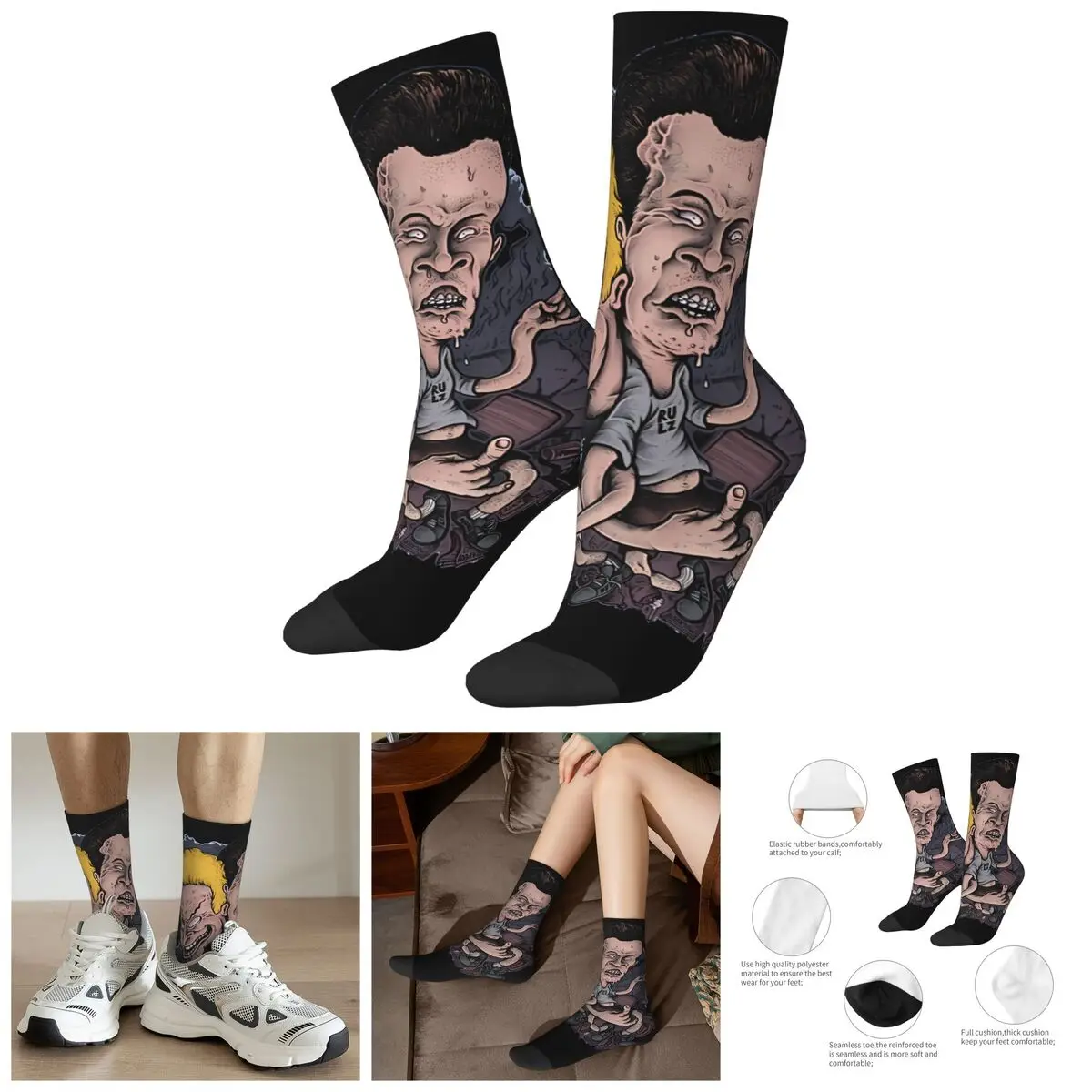 Happy Funny Men's compression Socks New 2024 Vintage Harajuku Beavis and butt-head Hip Hop Novelty Seamless Crew Crazy Sock Gift