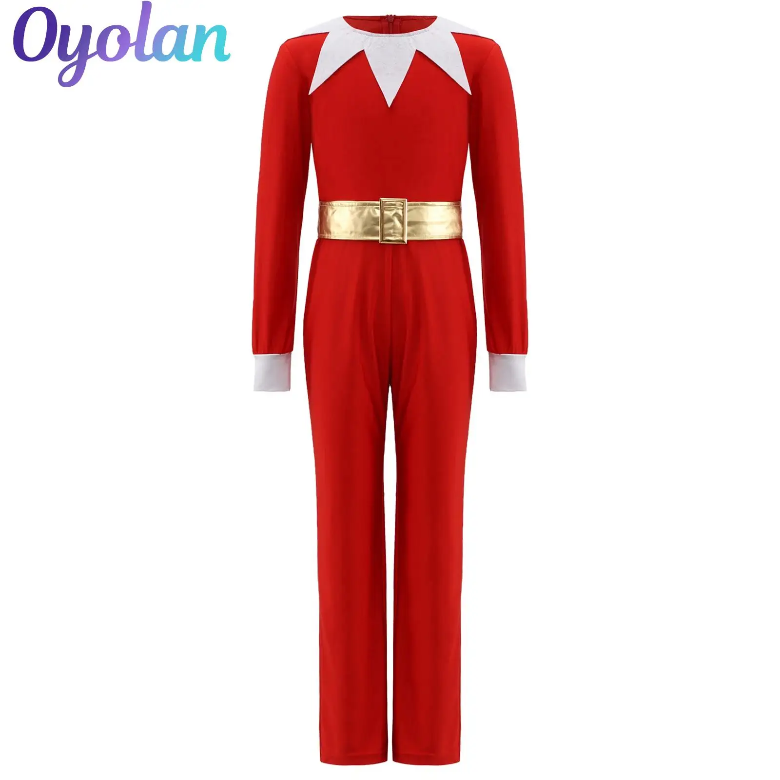 

Girls Boys Christmas Xmas Candy Cane Bodysuit Elf Santa Claus Costume Back Invisible Zipper Jumpsuit with Metallic Waistbelt