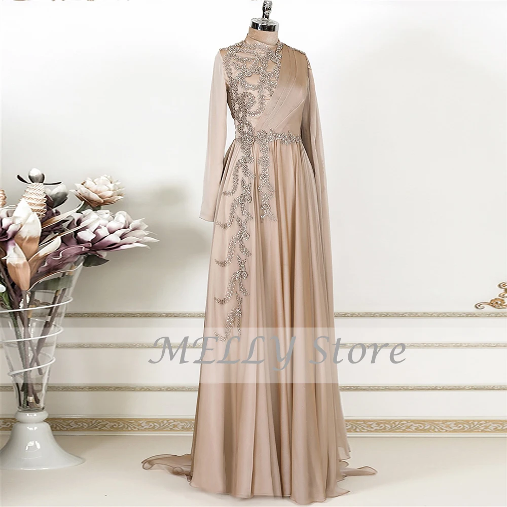 Klassische Chiffon Abendkleider Für Frauen High Neck Volle Hülsen Spitze Applique Party Kleider A-Line Sweep Zug Roben De Soirée