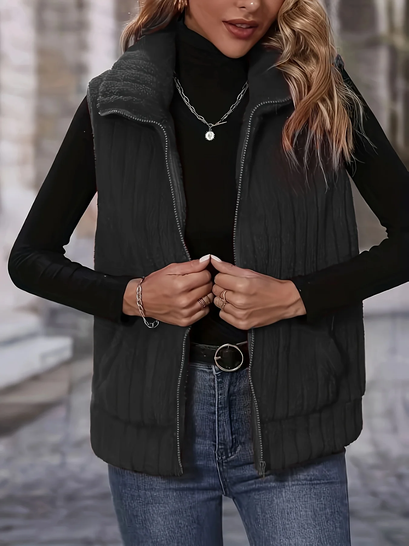 Large-size autumn and winter women's cashmere style turtleneck sleeveless loose zipper casual vest jacket