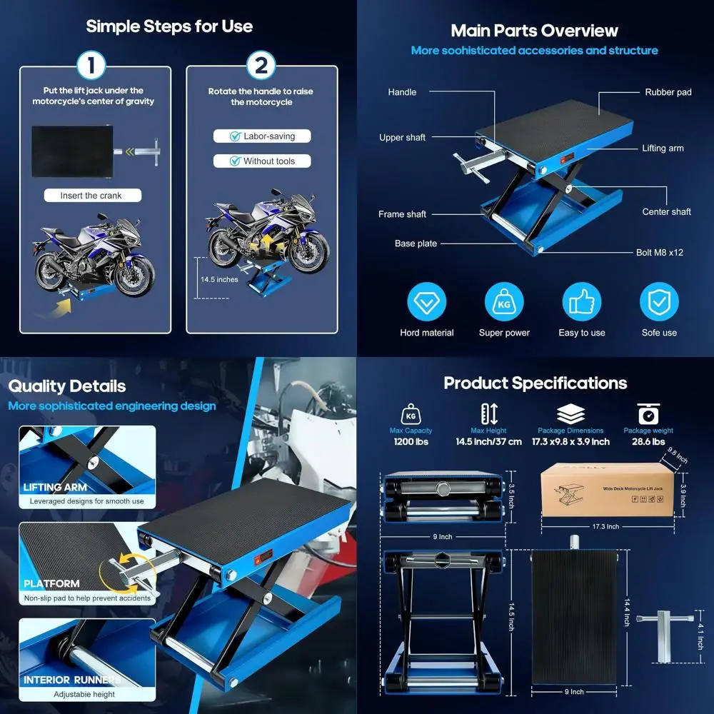 

Ножничный подъемник для мотоциклов грузоподъемностью 1200 фунтов - Широкая платформа для мотоциклов, квадроциклов, ремонтных работ в гараже, синий