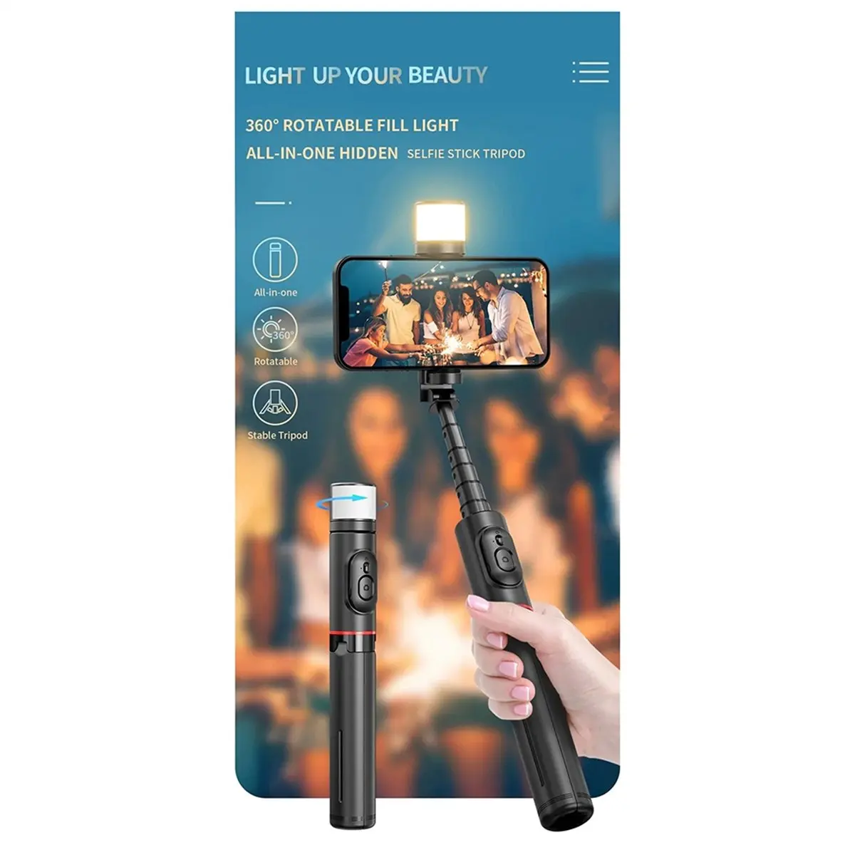 Q12S Foldable Wireless Selfie Stick Bluetooth Monopod with Remote Shutter Fill Light Tripod for Android