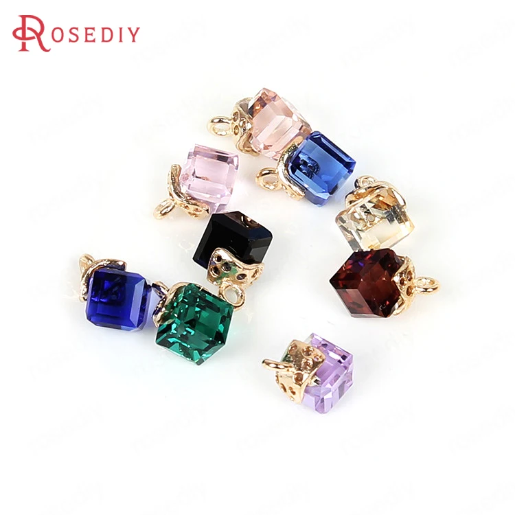 10PCS 8x8MM Gold Color Plated with Glass Cube Earring Charms Pendants Diy Jewelry Findings Accessories Wholesale