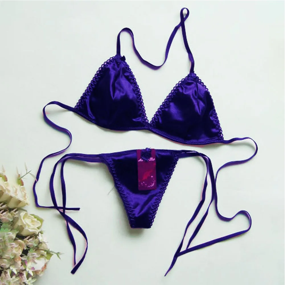 Sexy Womens Satin Silk Thong Underwear Bra Panties T-back Lace Up Lingerie Bikini Summer Alluring Bra Set Ultra-thin Comfy image 3