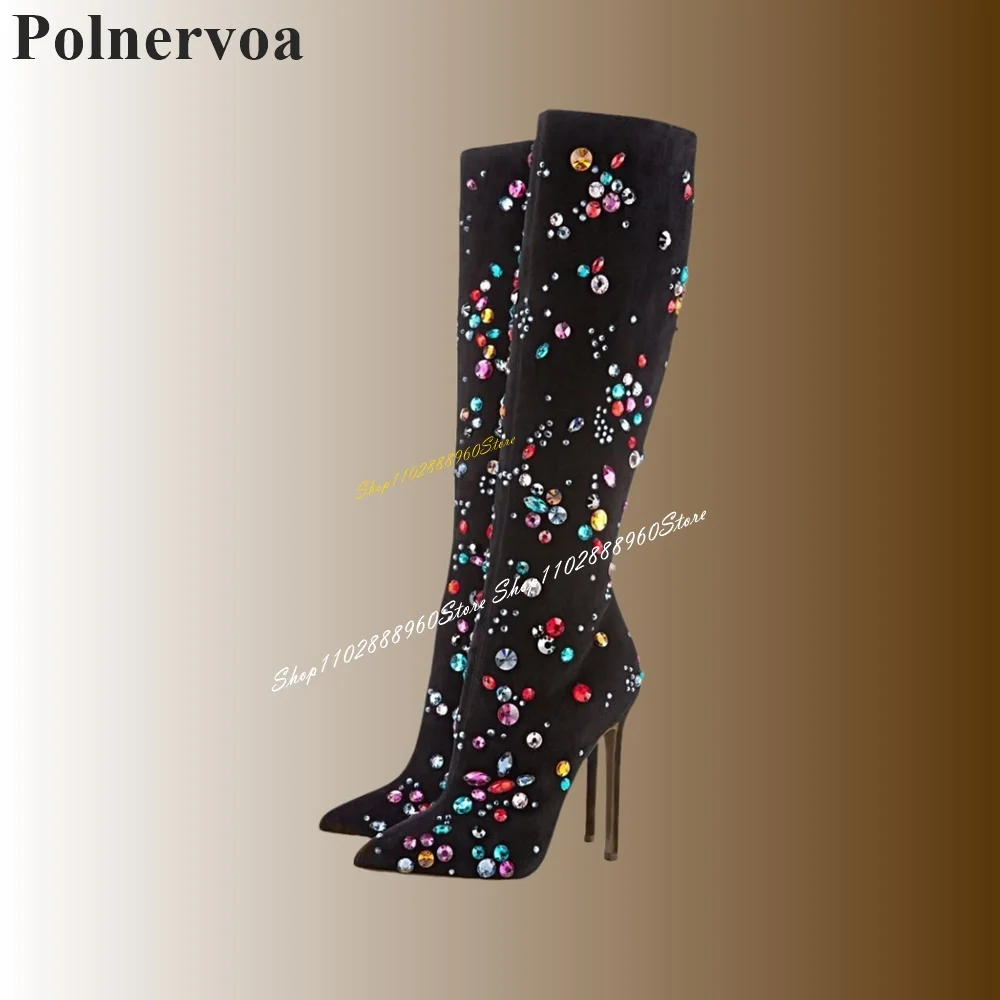 Luxury Black Flock Colorful Crystal Boots Thin High Heel Women Shoes Side Zipper Pointed Toe 2024 Fashion Zapatos Para Mujere