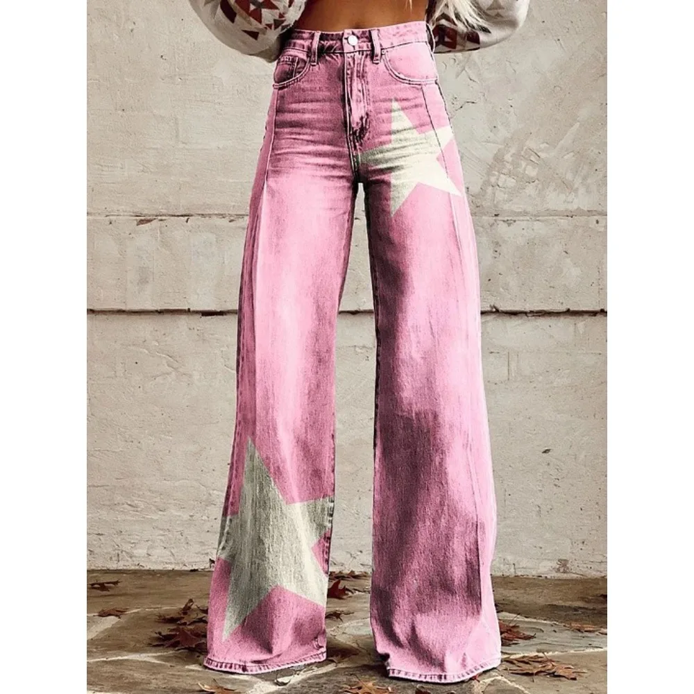 Y2K Ästhetik: Himmelblau-Sonnen-Mond-Stern-Print High-Waist Wide-Leg-Hose für Damen – Grunge Streetwear Lässige Loose-Fit-Hose Übergröße – Detail 5