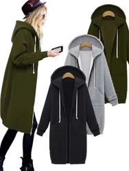 Abrigo de Color liso para mujer, chaqueta con capucha y cremallera, Sudadera larga con bolsillos, prendas de vestir informales, Tops, otoño e invierno, 2023