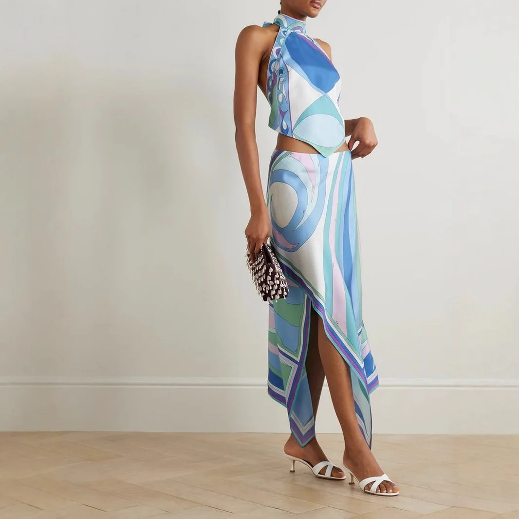 Verão sexy impressão saia conjunto de duas peças feminino halter pescoço sem costas topos saias irregulares 2 peça define casual praia férias estilo