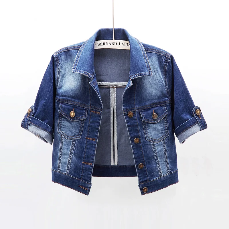 Vintage Blue Elasticity Slim Denim Jacket Coat Women Chaquetas Mujer Korean Student Outerwear Half Sleeve Jeans Jackets Female