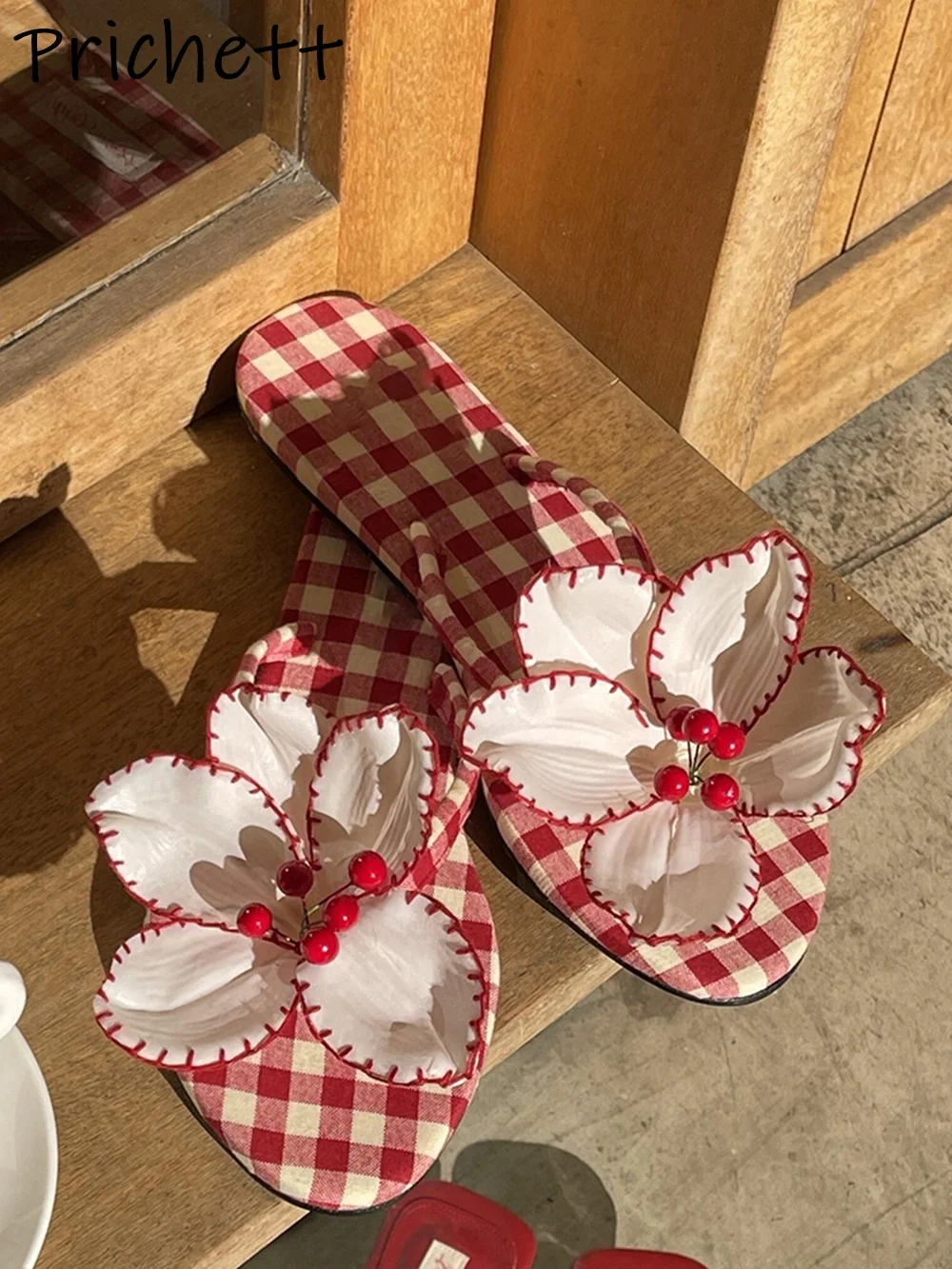 

Sewing Flowers Flip Flops Slippers Flat with Check Slip On White Red Sweet Style Leisure Shoes Women's Fashion Indoor Shoes