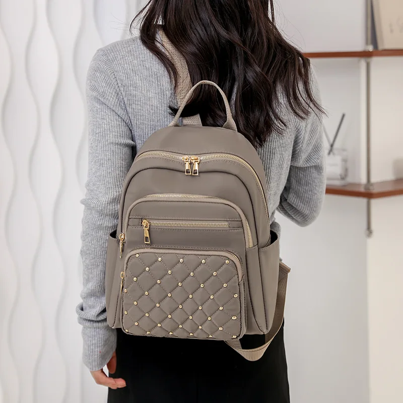 SolidColorQuilted Stitching Rivet Fashion Backpack for Women Water Resistant Korean Style Large Capacity Simple Women's Backpack