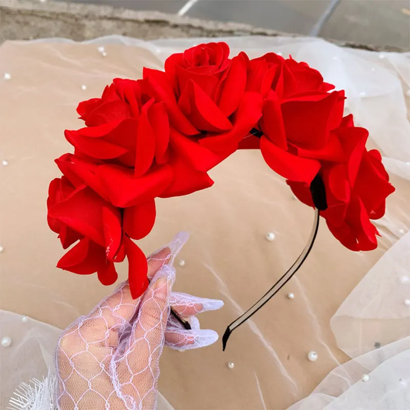 Bright Red Rose Flower Garland Corolla Hair Accessory For Women