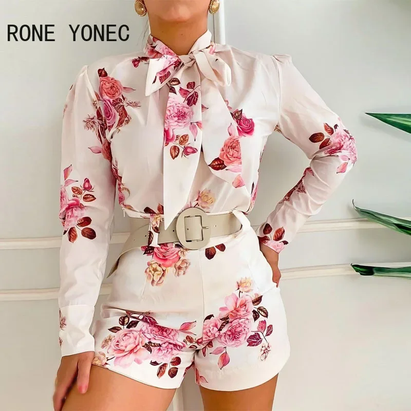 Feminino elegante casual floral estampado mangas compridas cintura trabalhando conjuntos curtos