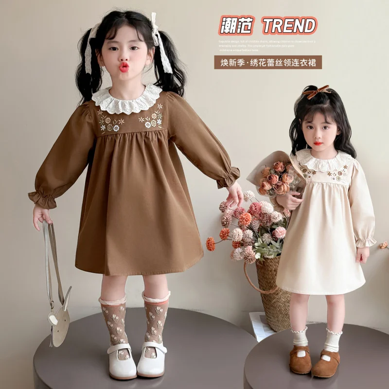 

Girls Lace Collar Embroidered Dress Spring and Autumn Style Children's Fashion Little Girl Stylish Princess Dress for Young Girl