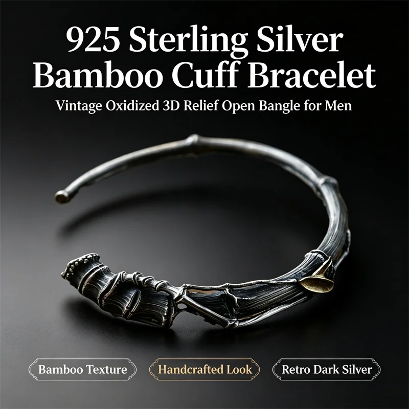 OUYADI 925 Sterling Silver Bamboo Cuff Bracelet for Men Retro Oxidized 3D Relief Open Bangle Vintage Handmade Silver Jewelry Gif