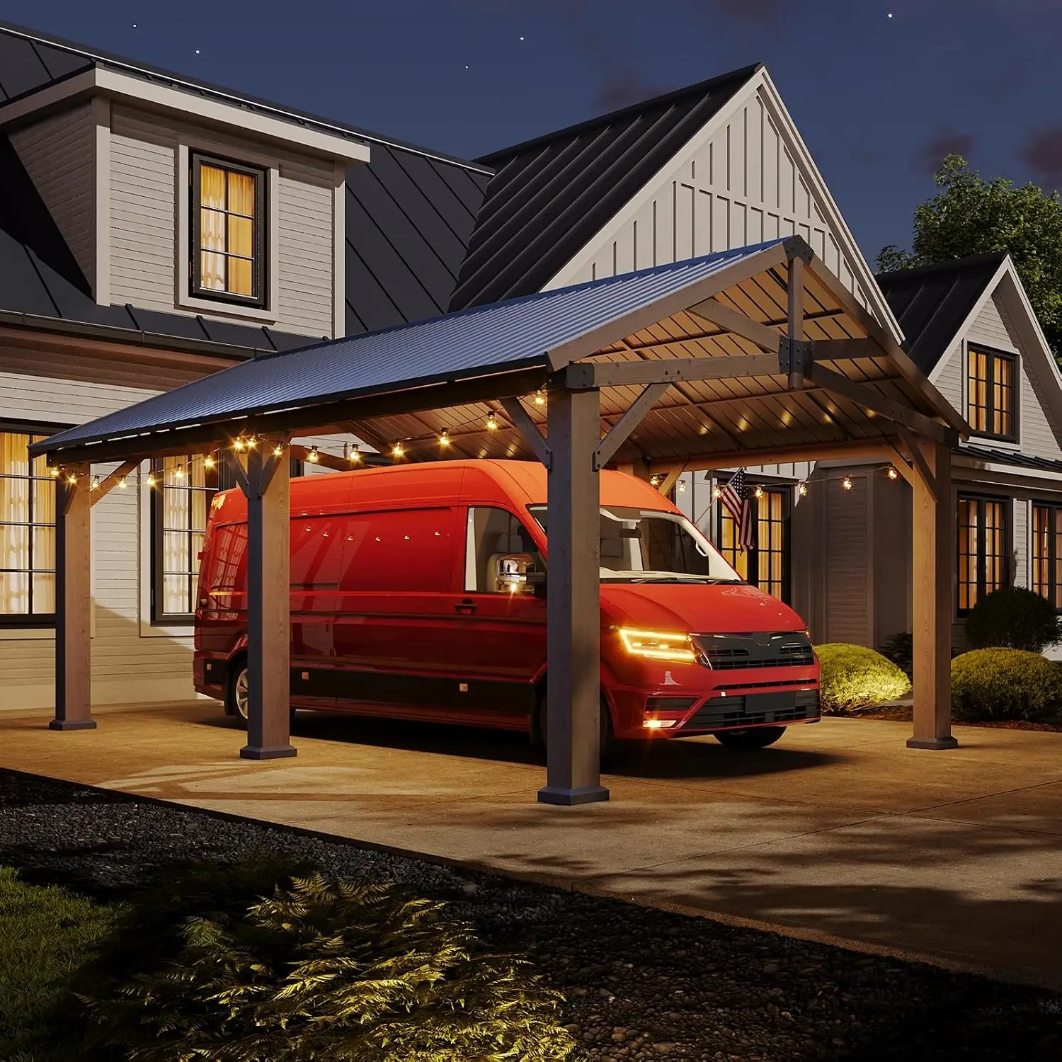 12x20ft Cedar Wood Carport with Galvanized Steel Gable Roof, Customized