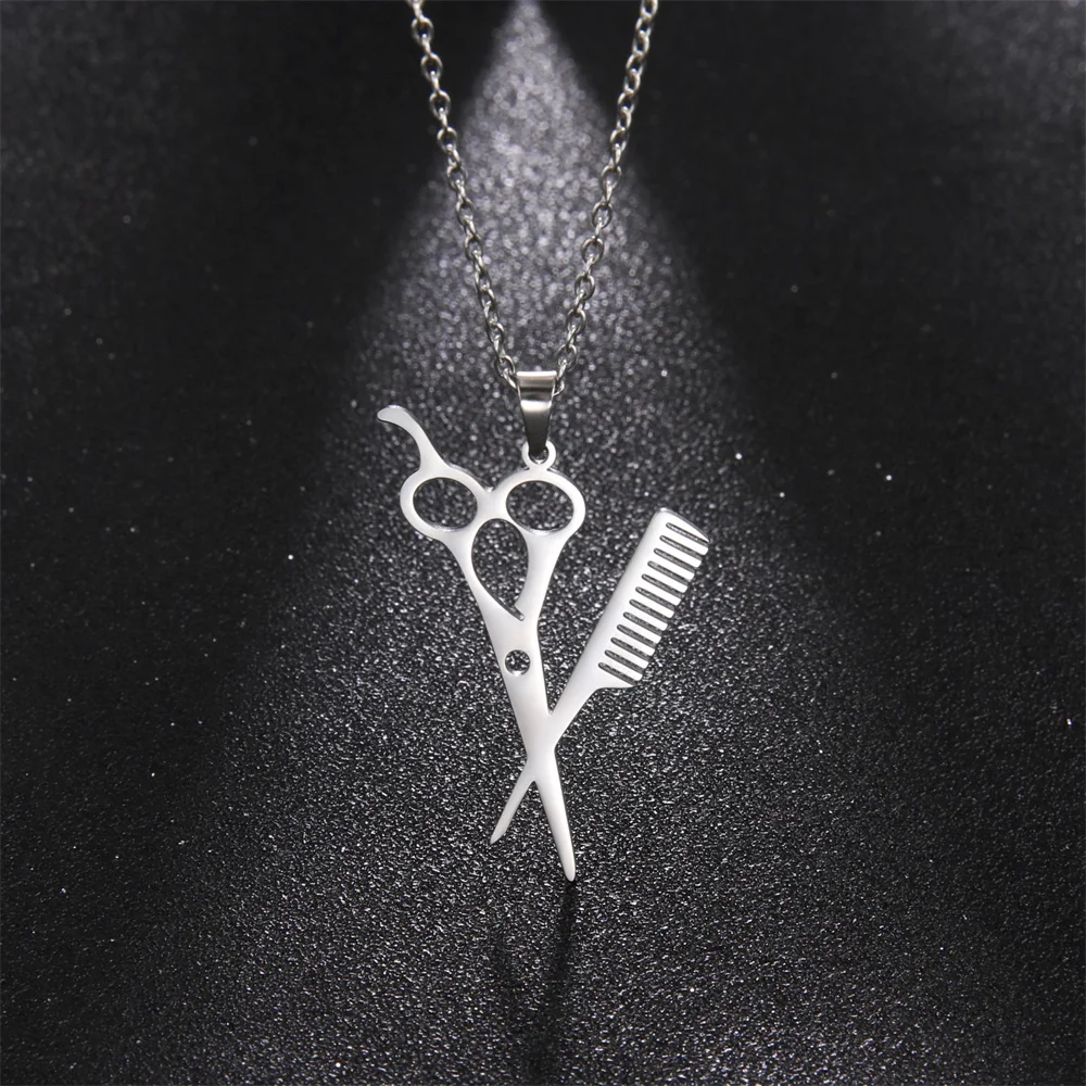 Lemegeton Stainless Steel Scissor Pendant Necklace for Women Hairdresser Stylist Scissors Comb Necklaces Punk Jewelry Gifts