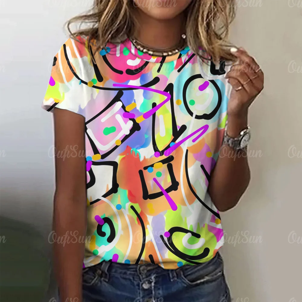Women's T-Shirt O Neck Short Sleeve Pullover 3d Colorful Printed T Shirt For Women Love Graphical Female Clothing 2024 T-Shirts