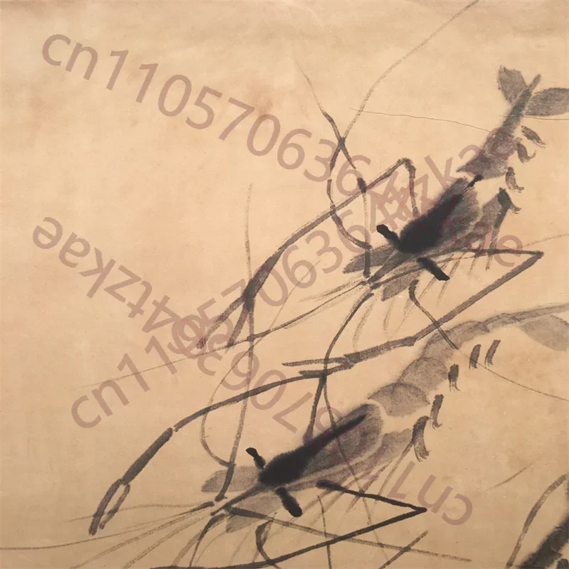 Qi Baishi Chinese Old Scroll Artist's Eight Shrimp Diagram Rice Paper Wall Painting Slice Traditional Oriental Art Decor