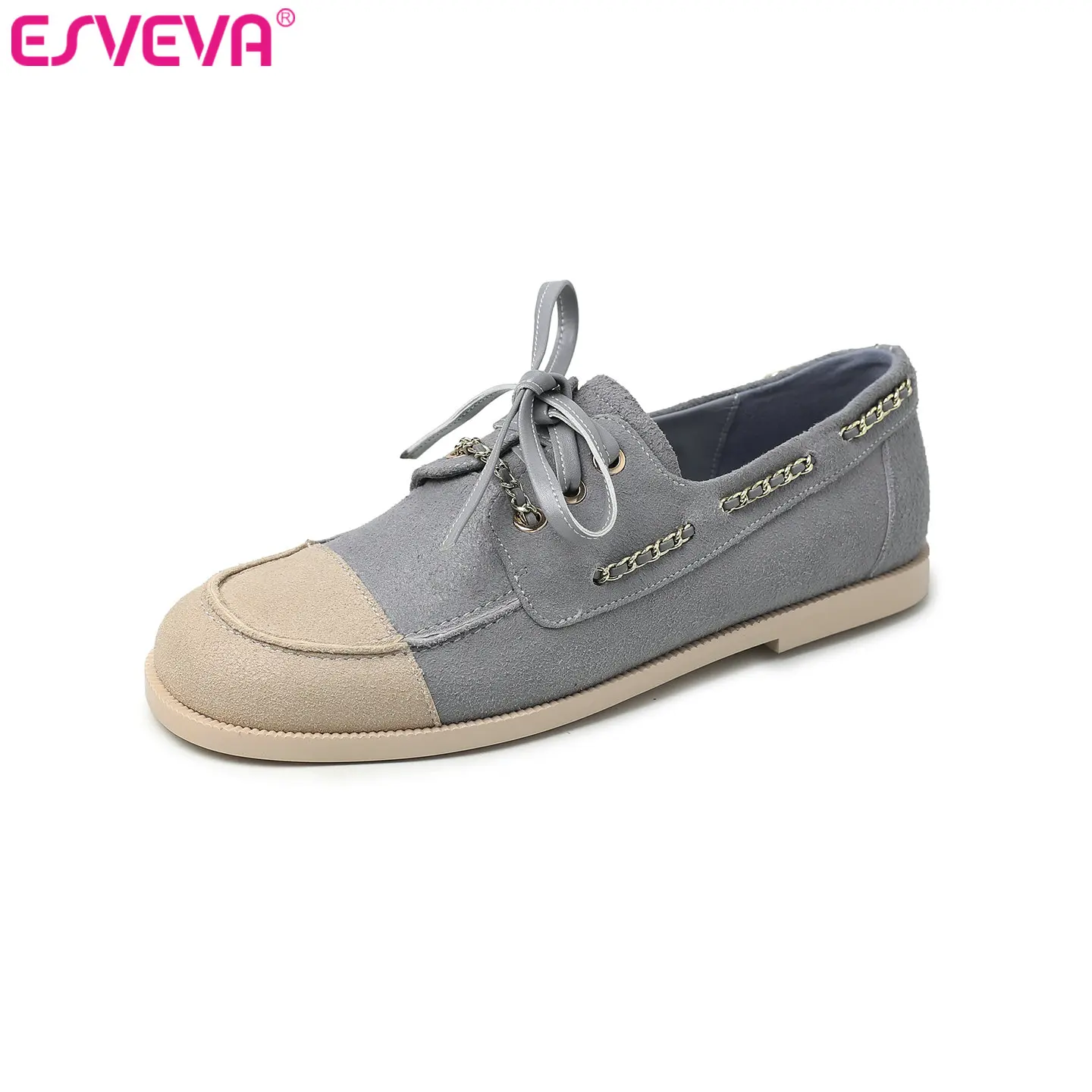 

ESVEVA 2026 Fashion Women Flats Shoes Kid Suede Woman Sheepskin Casual Lace-up Loafers Shoes Square Toe Ladies Dress 34-42