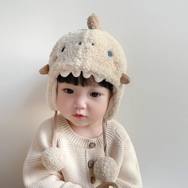 Cartoon Dinosaur Baby Winter Plush Hat Thicken Lamb Fleece Kids Earmuffs Cap 1-2year Children Ear Protection Bonnet Warm Beanie