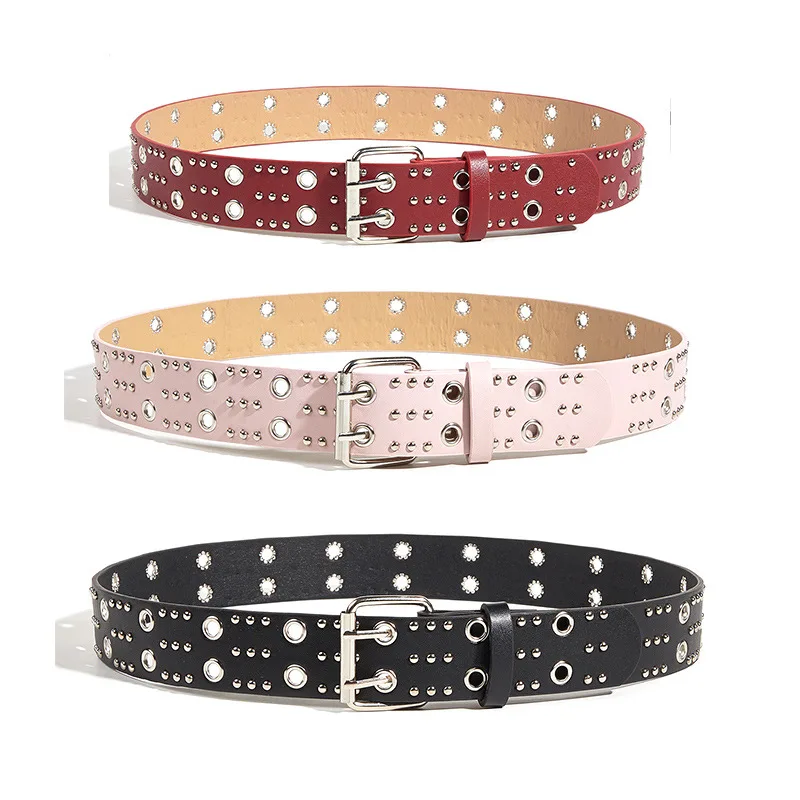 Wide Punk Style Double breasted Metal Belt Jeans Fashion Decorative Pants White Willow High Quality Boutique Women  Red Black