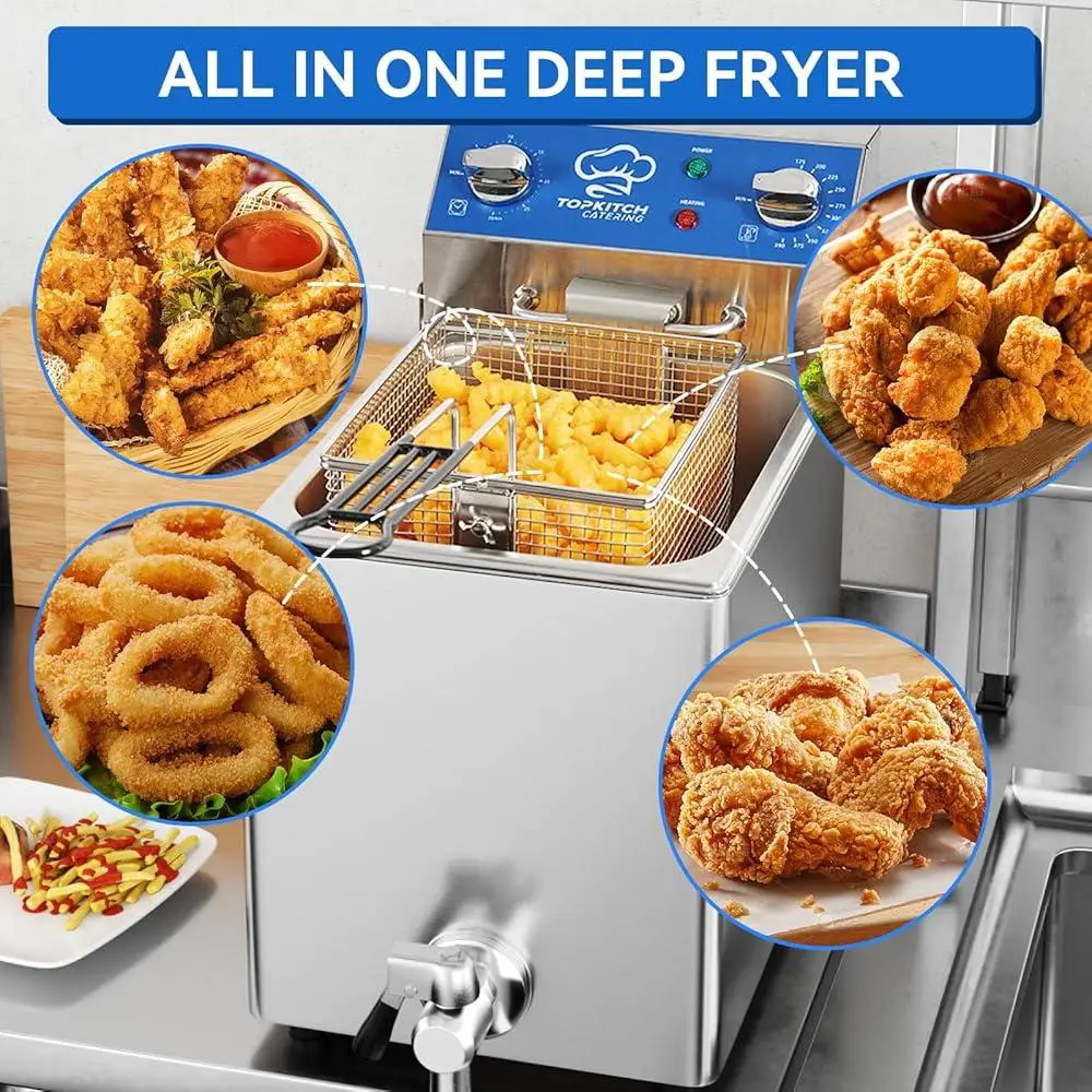 8.5Qt Electric Fryer with Oil Drain Timer Solid Wire Mesh Basket Precise Temperature Control Easy Clean High Power Heating